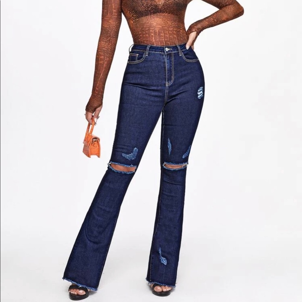 Raw Hem Ripped Flare Leg Jeans